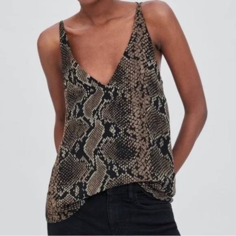 Zara Trf Snakeskin Print Tank Top Strappy Back V-Neck Cami Black/Brown Size M